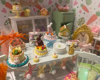 Miniature Easter Sweet Shoppe, Dollhouse Easter Bakery, 1:12, Cakes, Cookies, Candy, Baskets, Cards, Gifts, Decor, Foil Wrapped Bunnies