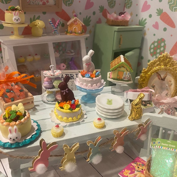 Miniature Easter Sweet Shoppe, Dollhouse Easter Bakery, 1:12, Cakes, Cookies, Candy, Baskets, Cards, Gifts, Decor, Foil Wrapped Bunnies