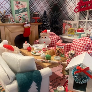 Miniature Christmas Cat & Dog, A Cozy Clause Night, Dollhouse Pet, 1:12 Cats, Dogs, Cat Tower, Dog House, Food Bowls, Food, Yarn, Furniture
