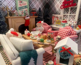 Miniature Christmas Cat & Dog, A Cozy Clause Night, Dollhouse Pet, 1:12 Cats, Dogs, Cat Tower, Dog House, Food Bowls, Food, Yarn, Furniture