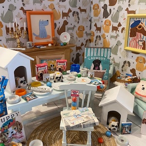 Miniature Dogs, Dollhouse Dogs, Dog House, 1:12, Dog Dishes, Bowls, Toys, Treats, Newspaper, Balls, Art, Books, DVDs, Gift Wrap, Pillows