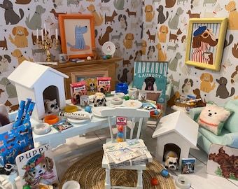 Miniature Dogs, Dollhouse Dogs, Dog House, 1:12, Dog Dishes, Bowls, Toys, Treats, Newspaper, Balls, Art, Books, DVDs, Gift Wrap, Pillows