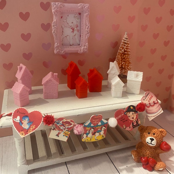 Miniature Valentine Village, Dollhouse Valentine Accessories, Banner, Wreath, Teddy Bears, 1:12 Valentine Books, Art, Pink Trees