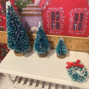 Miniature Christmas General Store, Dollhouse Signs, Firewood, Pinecones, Greenery, Cards, Candy Canes, DVD's Books, Albums, Santa, Art, 1:12 3 Trees & 1 Wreath