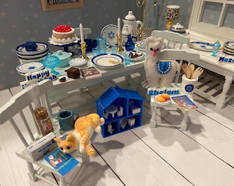 Miniature Hanukkah Dinner, Dollhouse Bagel Breakfast, 1:12 Sabbath Dinner, Candles, Chocolate Dreidels, Black/White Cookies, Dishes, Art