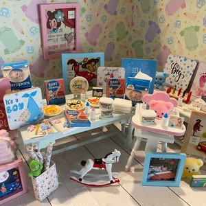 Miniature Baby Shower, Dollhouse Baby Accessories, 1:12 Nursery Items, Baby Wipes, Diapers, Bottles, Shower Games, Toys, Art, Books, Plates Raggedy Ann Art