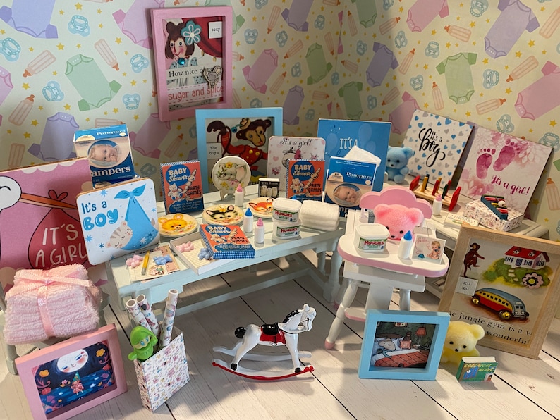 Miniature Baby Shower, Dollhouse Baby Accessories, 1:12 Nursery Items, Baby Wipes, Diapers, Bottles, Shower Games, Toys, Art, Books, Plates Raggedy Ann Art