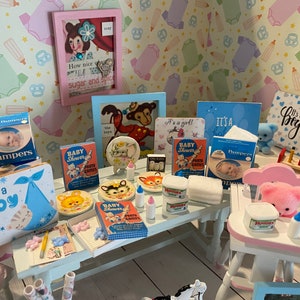 Miniature Baby Shower, Dollhouse Baby Accessories, 1:12 Nursery Items, Baby Wipes, Diapers, Bottles, Shower Games, Toys, Art, Books, Plates image 1