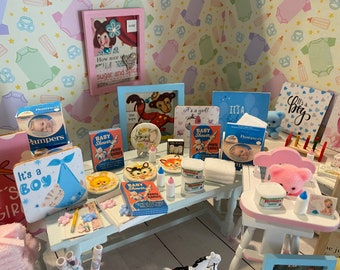 Miniature Baby Shower, Dollhouse Baby Accessories, 1:12 Nursery Items, Baby Wipes, Diapers, Bottles, Shower Games, Toys, Art, Books, Plates