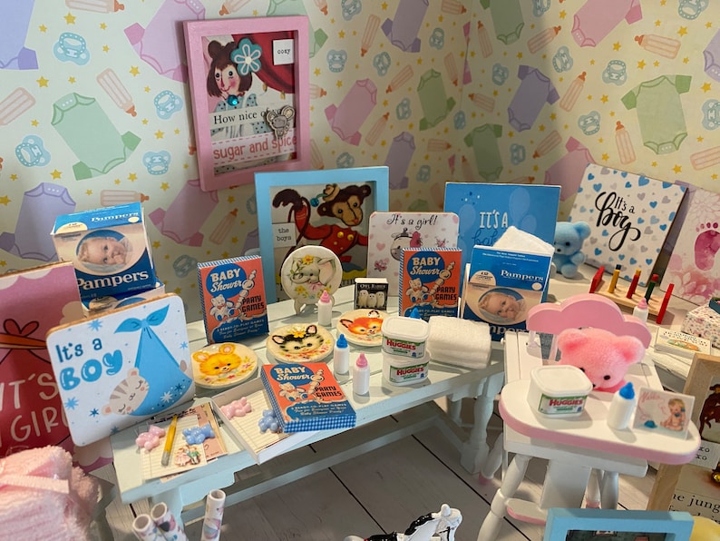 Miniature Baby Shower, Dollhouse Baby Accessories, 1:12 Nursery Items, Baby Wipes, Diapers, Bottles, Shower Games, Toys, Art, Books, Plates image 1