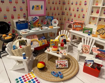 Miniature Summer & Backyard Accessories, Dollhouse Outdoor, 1:12, Ice Chest, Sun Block, Bubbles, Food, Signs, Dishes, Beach Bag, BBQ, Chairs
