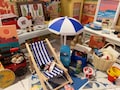 Miniature Beach & Summer Accessories, Dollhouse Ocean, 1:12, Ice Chest, Sun Block, Bikini, Sand Castles, Umbrella, Beach Bag, Lounge Chairs