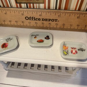 May include: Three small, rectangular ceramic dishes with fall-themed designs. One dish features a turkey, another a pumpkin and hat, and the third an owl with leaves. The dishes are on a white shelf with a wooden ruler.