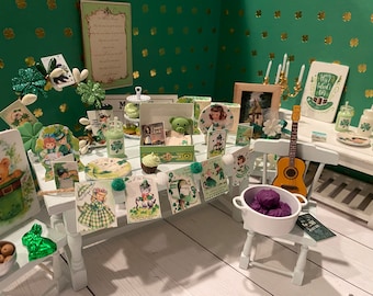 Fiesta en miniatura del Día de San Patricio, accesorios irlandeses para casa de muñecas, escala 1:12