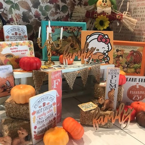 Miniature Dollhouse Wood Signs Thanksgiving and Fall, Pumpkins, Scarecrows, Harvest Dollhouse Accessories, 1:12, Fairy Garden, Diorama