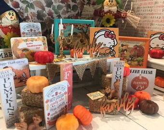 Miniature Dollhouse Wood Signs Thanksgiving and Fall, Pumpkins, Scarecrows, Harvest Dollhouse Accessories, 1:12, Fairy Garden, Diorama