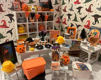 Miniature Hilda's Halloween Kitchen Cupboard, Black & Orange Dollhouse Dishware, Decor, 1:12