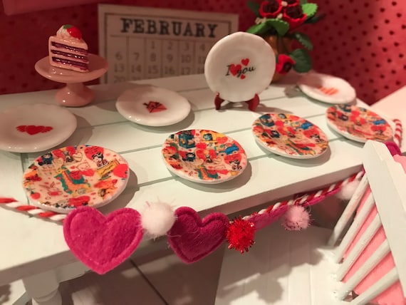 Miniature Valentine Dishes, Dollhouse Vintage Valentine Plates, Tiny Heart Banner, Art, Chair Backs, 1:12, Fairy Garden, Diorama, Shadow Box