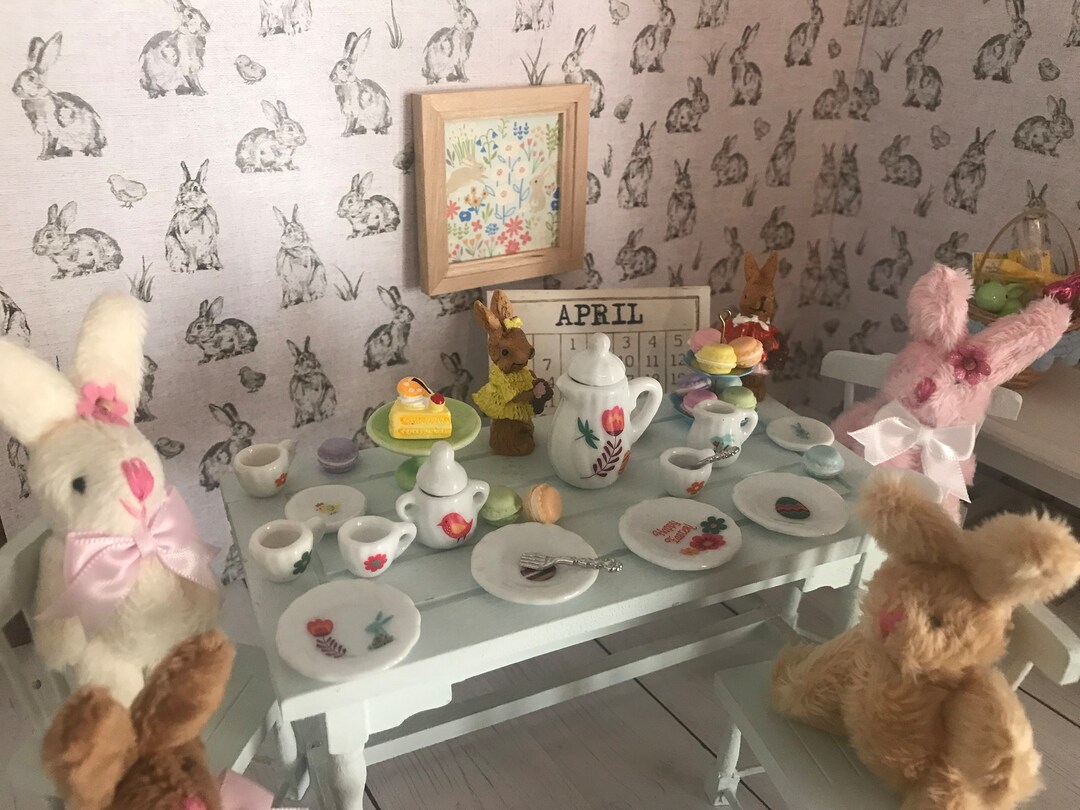 Miniature Easter Tea Party, Dollhouse Bunny Rabbit Tea Set, 1:12 ...