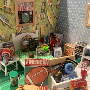 Miniature Boys Toys & Dollhouse Boys Room Decor, Micro Toys, Toy Boxes, 1:12, Art, Scooter, Game Controller, Guitar, Balls, Books, Rug