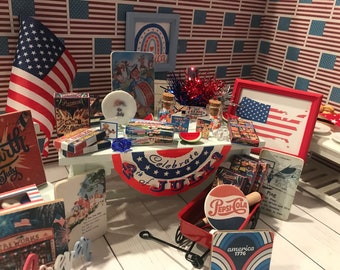 Miniature 4th of July Decorations, Dollhouse Fireworks Boxes, 1:12, Cards, Dishes, Signs, Flag, Cheeseburgers, Baseball, Books, Colas, Fruit