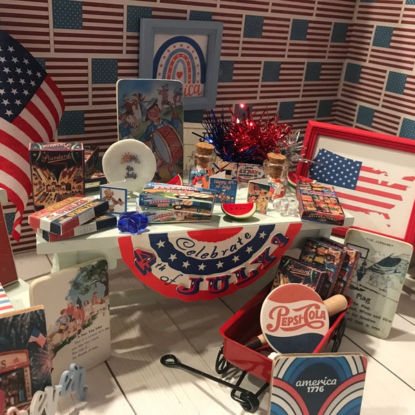 Miniature 4th of July Decorations, Dollhouse Fireworks Boxes, 1:12, Cards, Dishes, Signs, Flag, Cheeseburgers, Baseball, Books, Colas, Fruit