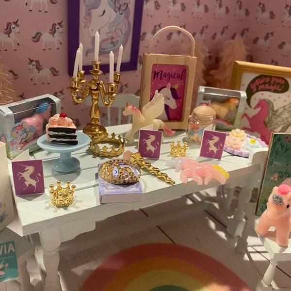 Miniature Princess, Unicorn, Pretty in Pink Accessories, Dollhouse Signs, Unicorn Figures, Crowns, Tiaras, Scepter, Micro Toys, Books, Rug