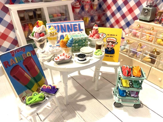 Miniature Ice Cream Shop, Dollhouse Ice Cream Parlor, Star Spangled Ice Cream, 1:12 Cones, Scoops, Gelato, Sundaes, Milkshakes, Toppings