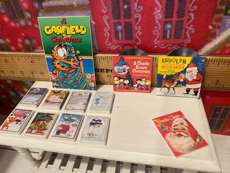 Miniature Christmas General Store, Dollhouse Signs, Firewood, Pinecones, Greenery, Cards, Candy Canes, DVD's Books, Albums, Santa, Art, 1:12 image 8