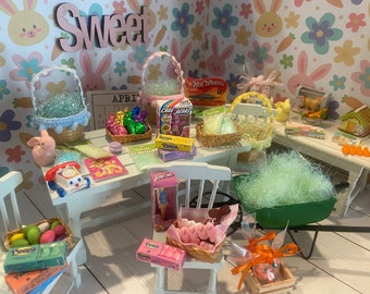 Panier à garnir miniature, paniers de Pâques personnalisés pour maison de poupée, jouets à choisir soi-même et bonbons de Pâques, 1:12, friandises de Pâques, herbe, livres, lapins