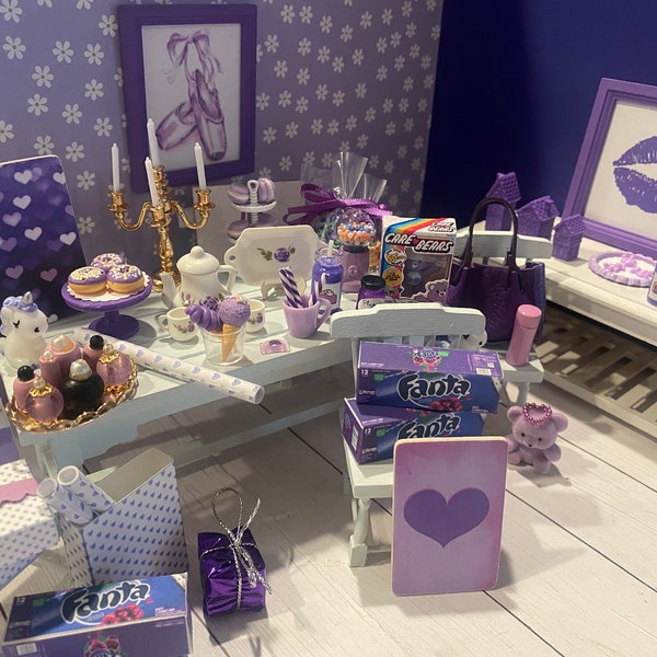 Purple Passion Miniatures, Passionate About Purple Dollhouse Items, 1:12, Purple Art, Food, Dishes, Purse, Water Bottle, Gumball Machine