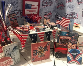 Miniature Fireworks Boxes and Dollhouse 4th of July Decorations and Accessories, 1:12, Pennant Flag, Diorama, Shadow Box, Fairy Garden