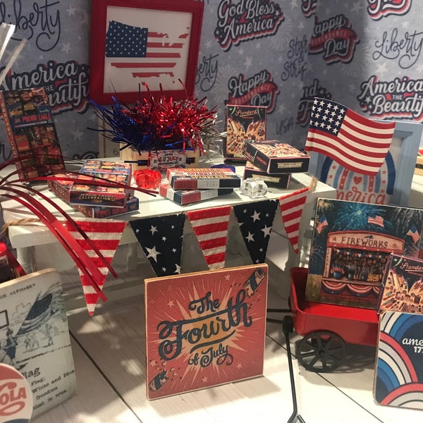 Miniature Fireworks Boxes and Dollhouse 4th of July Decorations and Accessories, 1:12, Pennant Flag, Diorama, Shadow Box, Fairy Garden