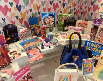 Miniature Slumber Party, 80&#39;s Dollhouse Items, 1:12, Pizza, Soda, Donuts, Magazines, Movies, Games, Clothes, Purse, Make-Up, Posters, TP