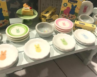 Miniature Easter Plates, Pastel Rainbow Dollhouse, Mugs, Bowls, Pie Dish, 1:12
