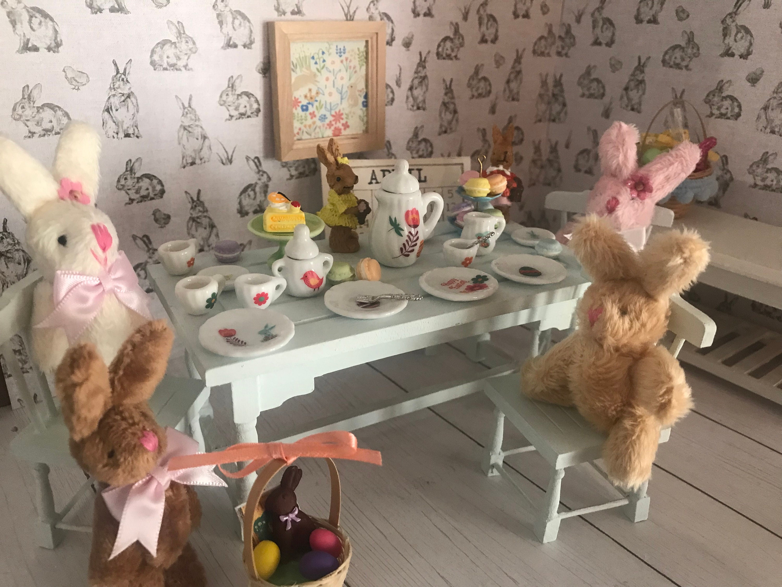 Miniature Easter Tea Party, Dollhouse Bunny Rabbit Tea Set, Easter ...