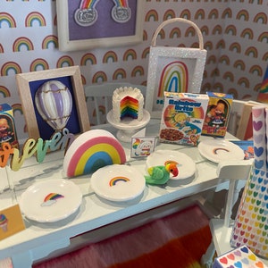 Miniature Rainbow Tea Set, Dishes Rainbow Dishes, 1:12, Cake, Art, Gift Bags, Boxes, Toys, Word Art, Fairy Garden, Shadow Box, Diorama