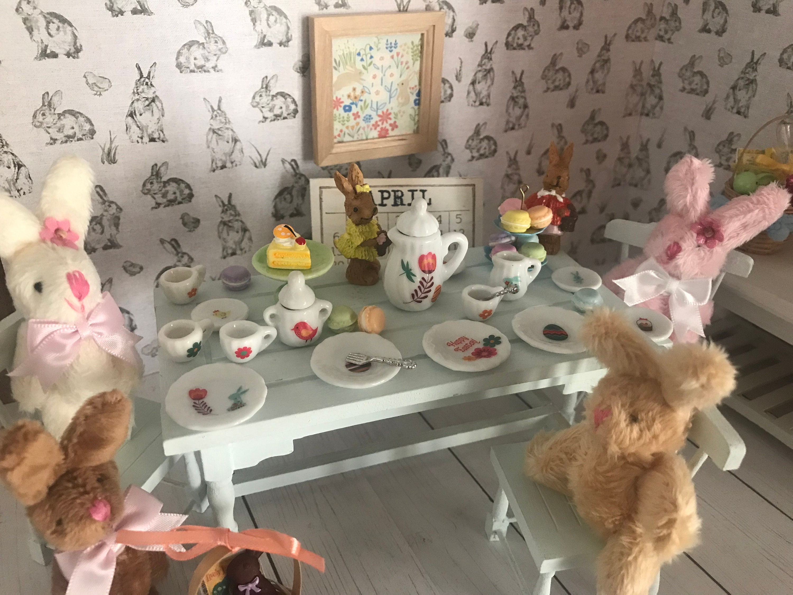 Miniature Easter Tea Party, Dollhouse Bunny Rabbit Tea Set, Easter ...