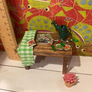 Miniature Potting Table, Dollhouse Gardening Accessories, 1:12, Gardening Boots, Hose, Wagon, Plants, Seed Packs, Welcome Mat, Books Potting Table