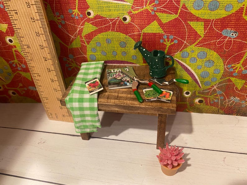 Miniature Potting Table, Dollhouse Gardening Accessories, 1:12, Gardening Boots, Hose, Wagon, Plants, Seed Packs, Welcome Mat, Books Potting Table
