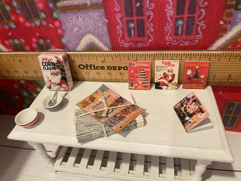 Miniature Christmas General Store, Dollhouse Signs, Firewood, Pinecones, Greenery, Cards, Candy Canes, DVD's Books, Albums, Santa, Art, 1:12 image 12