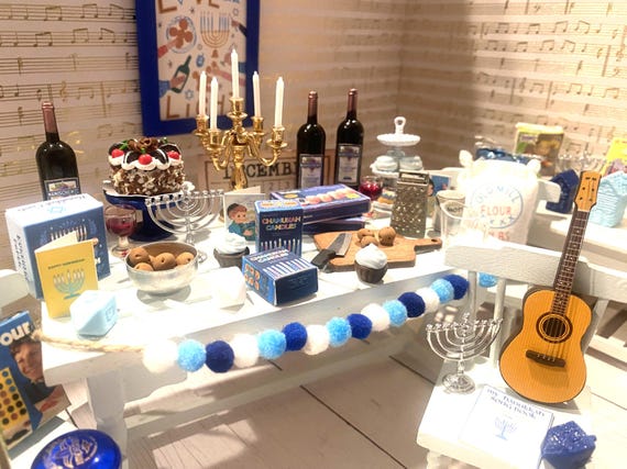 Miniature Hanukkah Party, 8 Nights of Hanukkah, Dollhouse Latke Making Set, 1:12 Dreidels, Candles, Gifts, Cards, Wine, Donuts, Books, Decor