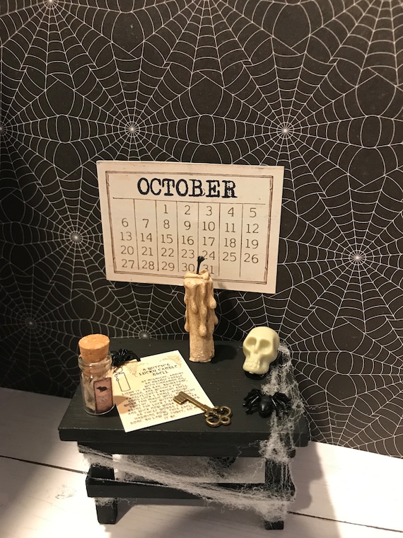 Miniature Spellcasting Table w/Accessories, Dollhouse Gothic, Spell Page, Skulls, 1:12, Apothecary Herbs, Cauldron, Spiders, Gothic Candles