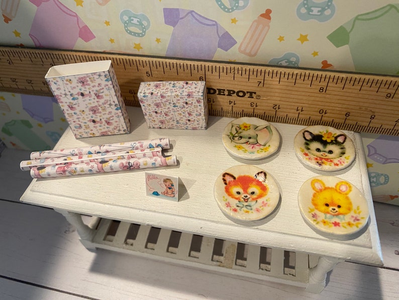 Miniature Baby Shower, Dollhouse Baby Accessories, 1:12 Nursery Items, Baby Wipes, Diapers, Bottles, Shower Games, Toys, Art, Books, Plates image 11