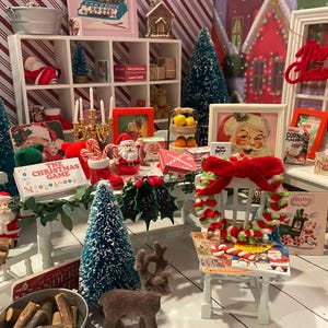 Miniature Christmas General Store, Dollhouse Signs, Firewood, Pinecones, Greenery, Cards, Candy Canes, DVD's Books, Albums, Santa, Art, 1:12 image 16