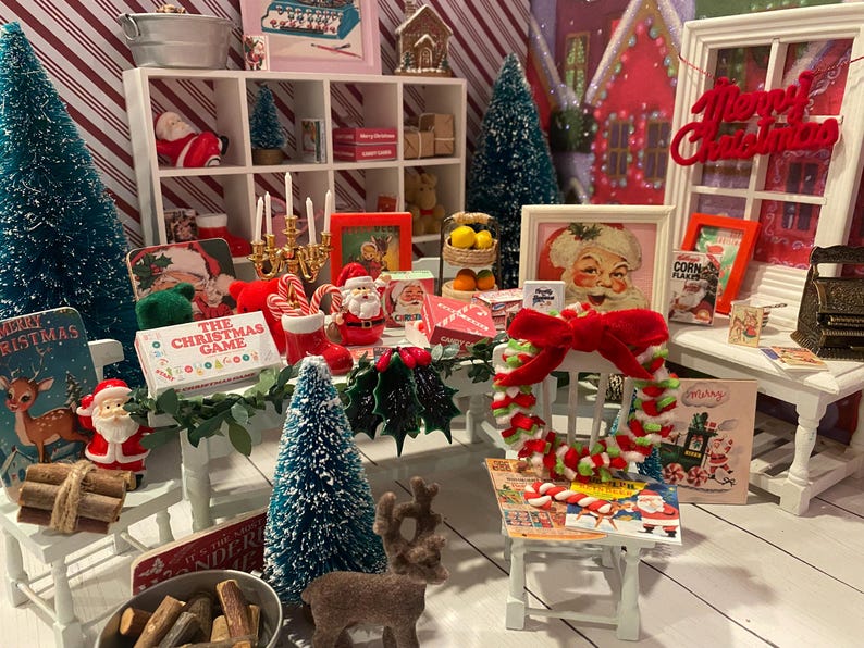 Miniature Christmas General Store, Dollhouse Signs, Firewood, Pinecones, Greenery, Cards, Candy Canes, DVD's Books, Albums, Santa, Art, 1:12 image 16
