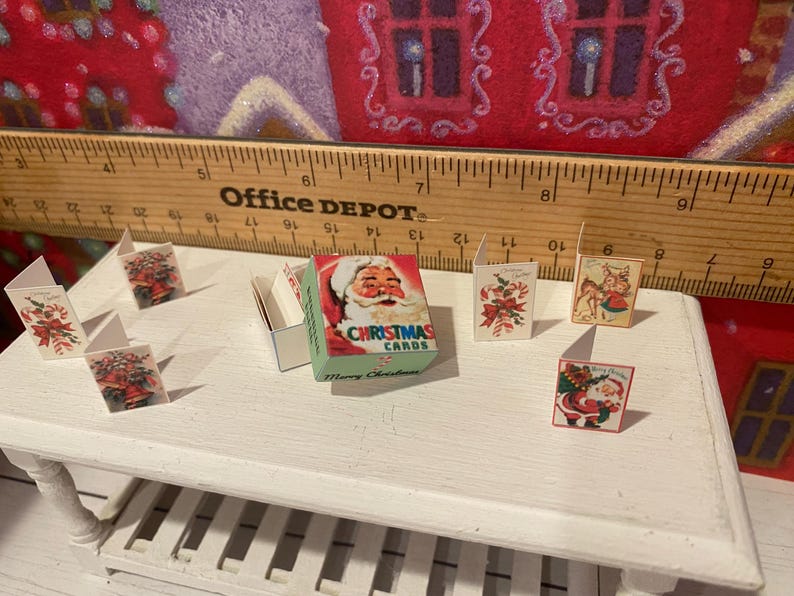Miniature Christmas General Store, Dollhouse Signs, Firewood, Pinecones, Greenery, Cards, Candy Canes, DVD's Books, Albums, Santa, Art, 1:12 Box of Cards-12