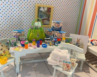 Miniature Fill-A-Diaper Bag, 1:12, Nursery Items, Diapers, Sippy Cups, Rattle, Baby Food Jars, Baby Cereal, Books, Toys, Magazines, Art