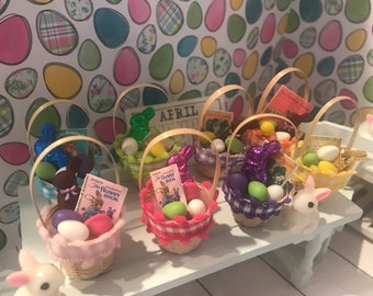 Miniature Easter Baskets, Dollhouse Easter Eggs, Food, Candy, 1:12, Mini Chocolate Bunny, Wood Bunny, Shadow Box, Diorama, Fairy Garden