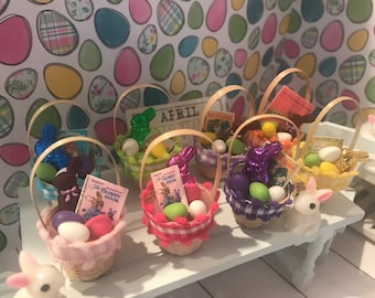 Miniature Easter Baskets, Dollhouse Easter Eggs, Food, Candy, Mini Chocolate Bunny, 1:12 Scale